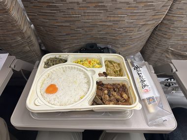 Поднос с бортовым питанием: рис, мясо и овощи