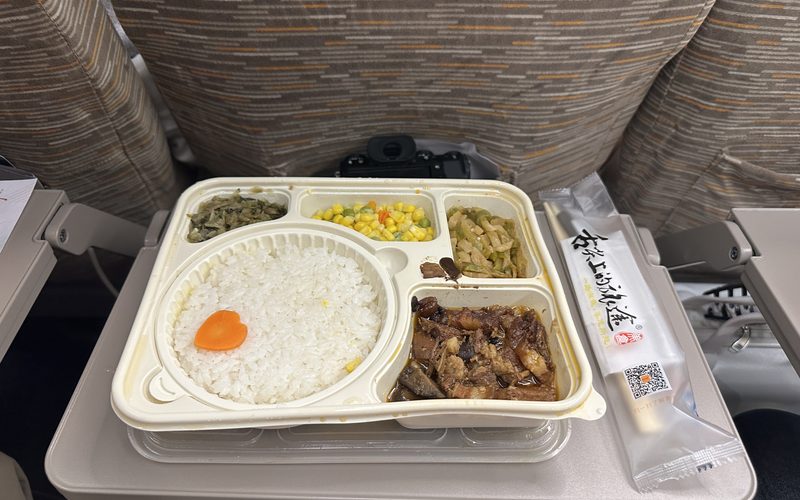 Поднос с бортовым питанием: рис, мясо и овощи