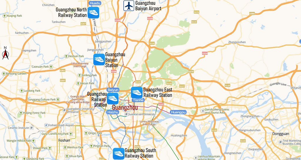 Guangzhou city map showing railway stations and airports