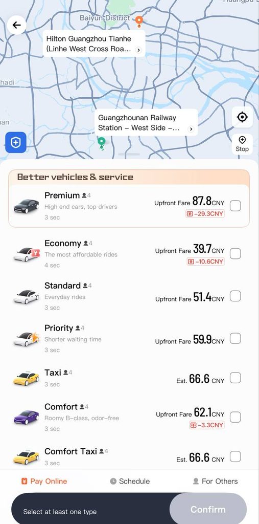 Приложение такси Guangzhou с опциями автомобилей и ценами